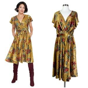 ModCloth | Floral Mustard Yellow Timeless Embrace Velvet Plus Size Midi Dress 2X